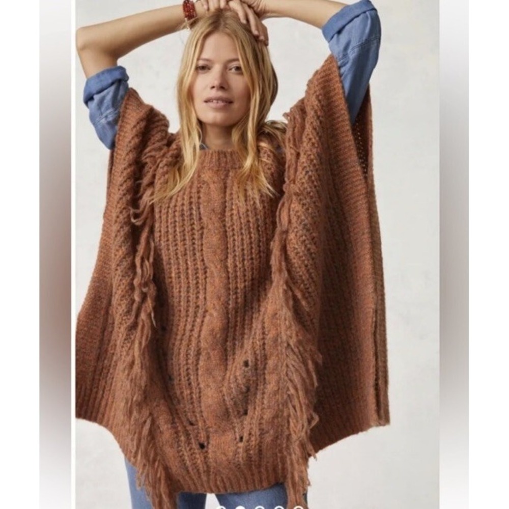 NWT Anthropologie OS Oversized Marled‎ Fringe Knit Poncho